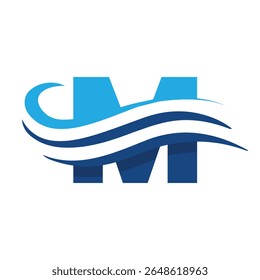 Das Bild zeigt ein flaches Logo-Design, das einen Buchstaben M in blauer Farbe in Kombination mit drei wellenförmigen Linien darstellt, die durch den Buchstaben wie eine Welle geschnitten sind, die sauber und modern auf weißem Hintergrund aussieht