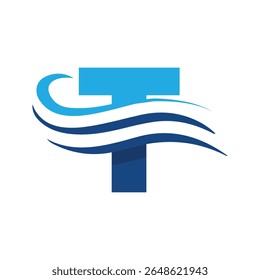 La Imagen muestra un diseño de logotipo plano que representa una letra T en combinación de color azul con tres líneas onduladas cortadas a través de la letra como una onda que se ve limpia y moderna sobre un fondo blanco