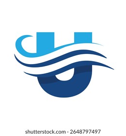 The image shows a flat logo design that depicts a letter U in blue color combination with three wavy lines cut through the letter like a wave that looks clan and modern on a white background