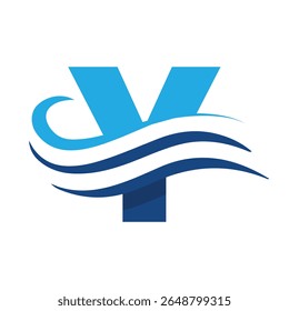 The image shows a flat logo design that depicts a letter Y in blue color combination with three wavy lines cut through the letter like a wave that looks clan and modern on a white background