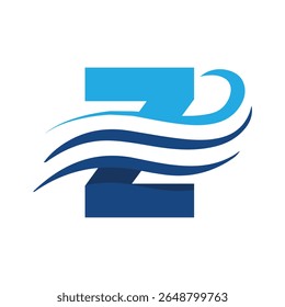 The image shows a flat logo design that depicts a letter Z in blue color combination with three wavy lines cut through the letter like a wave that looks clan and modern on a white background

