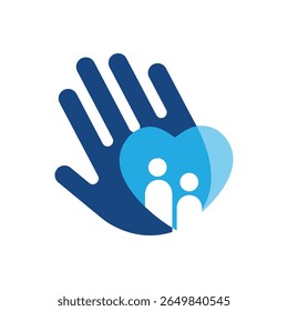 The image shows a flat logo design that depicts a hand with a heart on it with two abstract persons in blue color combination that looks clean on a white background