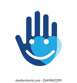 A imagem mostra um design de logotipo plano que representa uma mão com um coração nele com um rosto sorridente em combinação de cor azul que parece limpa em um fundo branco