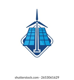 A imagem mostra um design de logotipo plano de um painel solar com turbina eólica na cor azul que parece limpo e moderno em um fundo branco.