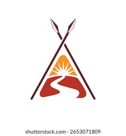A imagem mostra um design de logotipo plano de uma tupinha ou wigwam com duas lanças com um caminho em direção ao sol no centro em cor laranja vermelho marrom que parece limpo em um fundo branco.