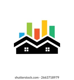 A imagem mostra um design de logotipo plano de uma casa em preto com uma barra de gráfico acima dela em várias cores