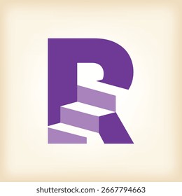 La Imagen muestra un diseño de logotipo plano de una letra inicial R con escaleras en color púrpura que se ve limpio y moderno sobre un fondo blanco