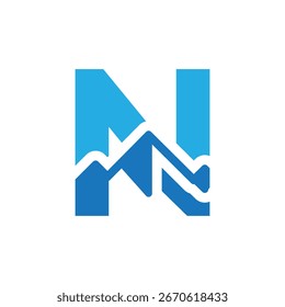 The image shows a flat logo design of a letter N with mountain as the element in blue color on a white background