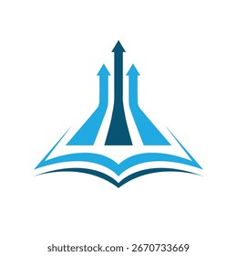 A imagem mostra um design de logotipo plano que retrata um livro aberto com três setas vindo de cima em combinação de cor azul