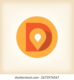 Das Bild zeigt ein flaches Logo-Design, das einen Anfangsbuchstaben D mit einem Droppin-Symbol in einer runden Form darstellt. Das Logo ist in gelber und orangefarbener Farbe und sieht auf weißem Hintergrund sauber aus.