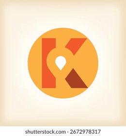 The image shows a flat logo design that depicts an initial letter K with a drop pin icon inside a round shape. The logo is in yellow and orange color and looks clean on a white background.