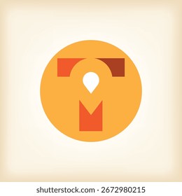 A figura mostra um design de logotipo plano que representa uma letra inicial T com um ícone de pino de soltar dentro de uma forma redonda. O logotipo é amarelo e laranja e parece limpo em um fundo branco.