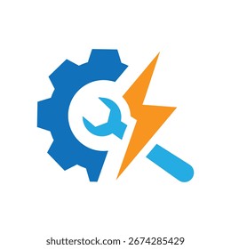 La Imagen muestra un diseño de logotipo plano de un engranaje con una llave inglesa y un ícono de iluminación. El logotipo se ve limpio y nítido sobre un fondo blanco