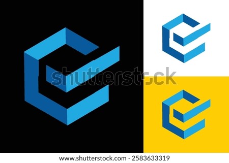 The image shows a flat logo design of an initial letter E with a check mark in blue color that looks clean and sharp on a black background