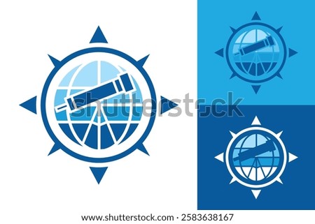 The image shows a flat logo design of a telescope inside a round globe compass shape in blue color. The logo looks clean and sharp on a white background and can be used for navigation related purposes