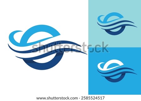 The image shows a flat logo design that depicts a letter O in blue color with three wavy waves cut through on a white background