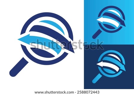 The image shows a flat logo design of a magnifying glass with two opposite arrows in blue color. The logo looks clean and modern on a white background.