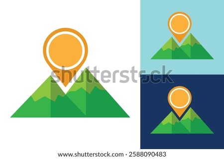 The image shows a flat logo design of a green mountain with an orange drop pin as the sun. The logo looks clean and modern on a white background.