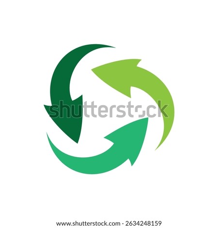 The image shows a flat logo design of three arrows in greens encircling each other like recycling process that looks clean and sharp on a white background