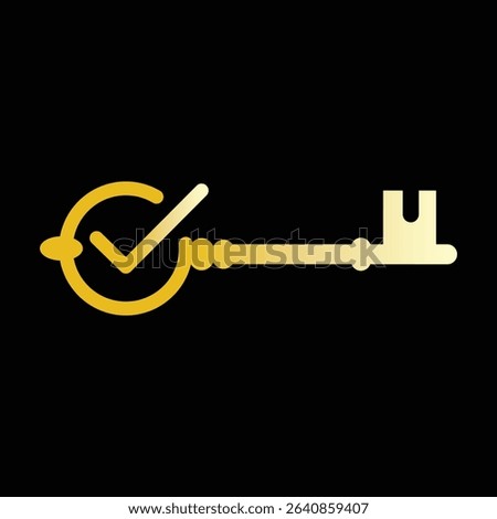 The image shows a flat logo design of a key with a check mark sign in gold color that looks clean and elegant on a black background