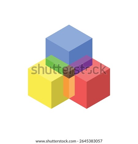 The image shows a flat logo design of an overlapped three cubes shaped in multi bright color that looks clean and modern on a white background 