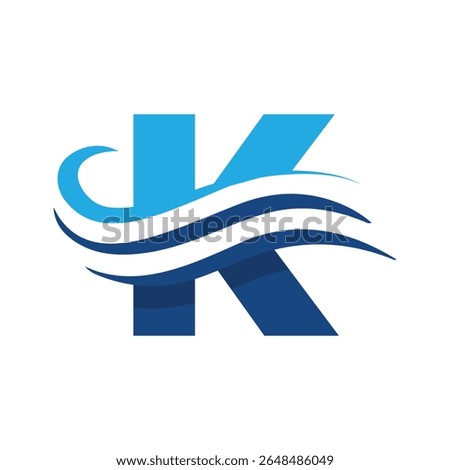 The image shows a flat logo design that depicts a letter K in blue color combination with three wavy lines cut through the letter like a wave that looks clan and modern on a white background