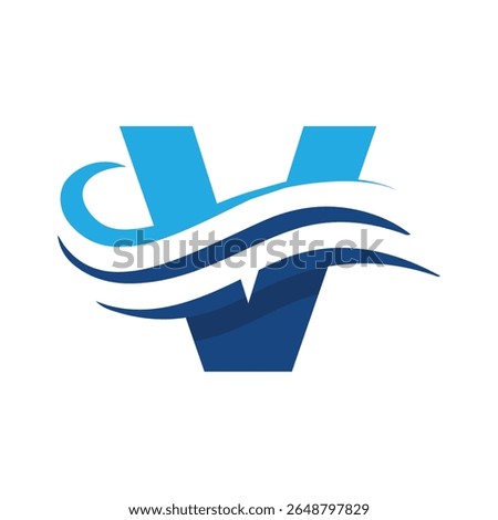 The image shows a flat logo design that depicts a letter V in blue color combination with three wavy lines cut through the letter like a wave that looks clan and modern on a white background

