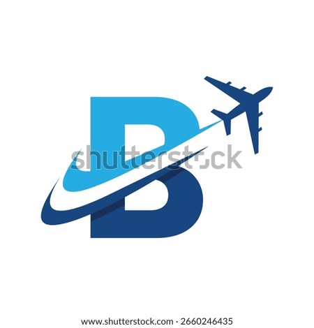 The image shows a flat logo design of an initial letter B in blue color with an airplane flying through it creating two swoosh lines. It looks clean and modern on a white background.