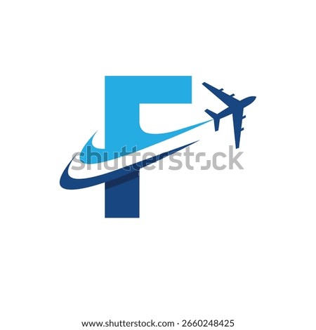 The image shows a flat logo design of an initial letter F in blue color with an airplane flying through it creating two swoosh lines. It looks clean and modern on a white background.