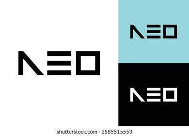 The image shows a flat minimalist logo design of an initial letters NEO in black color that looks modern and bold on a white background