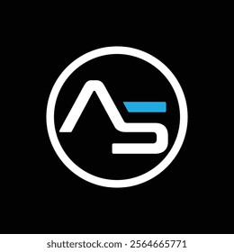 The image shows a flat monogram logo design of an initial letter AS in white color with a blue accent inside a circle shape that looks clean and sharp on a black background