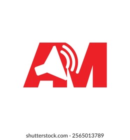 The image shows a flat monogram logo design of an initial letter AM in red color with a white megaphone icon on it