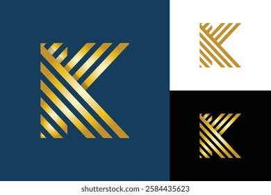 The image shows a flat monogram logo design of an initial letter K made of several lines in gold color that looks expensive and elegant on a black background.