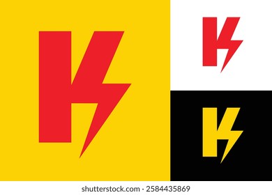 The image shows a flat monogram logo design of an initial letter K with a lighting icon in red color that looks clean and sharp on a yellow background