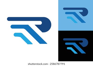 The image shows a flat monogram logo design of an initial letter R in blue color that looks sporty and speedy on a white background