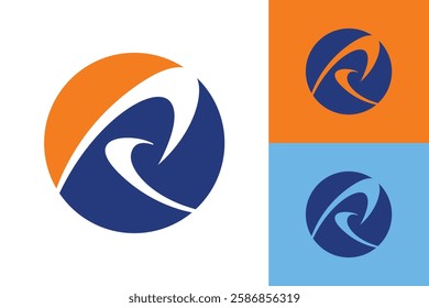 
The image shows a flat monogram logo design of an initial letter R in round shape in blue and orange color. The logo looks sporty on a white background and can be used as sport related logo.
