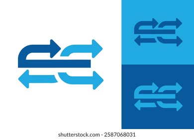 The image shows a flat monogram logo design of an initial letter SE with four arrows in blue color. The logo looks clean on a white background.