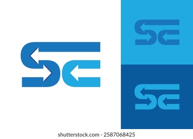 The image shows a flat monogram logo design of an initial letter SE with three arrows in blue color. The logo looks clean on a white background.