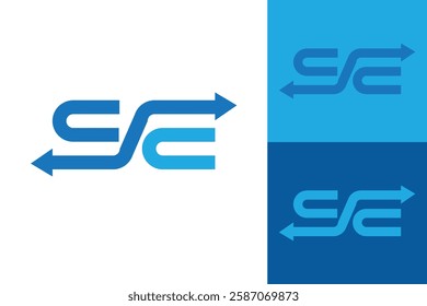 The image shows a flat monogram logo design of an initial letter SE with two opposite arrows in blue color. The logo looks clean on a white background.