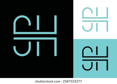 The image shows a flat monogram logo design of an initial letter SH in aqua color that looks clean and sharp on a black background