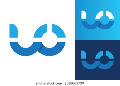 The image shows a flat monogram logo design of an initial letter UO in blue color that looks clean and modern on a white background
