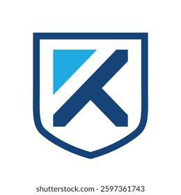 The image shows a flat monogram logo design of an initial letter K inside a shield frame in blue color. The image produced without the use of any form of AI software.