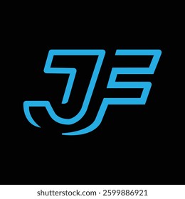 The image shows a flat monogram logo design of an initial letter JF in neon blue color. The logo looks clean and sharp on a black background.