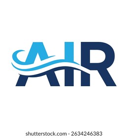 The image shows a flat monogram logo design of letter AIR with a wavy line in blue color that looks clean and sharp on a white background for HVAC or aircon logo 
