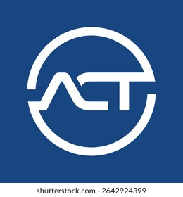 The image shows a flat monogram logo design of an initial letter ACT inside a circle shape in white color that looks clean and modern on a blue background