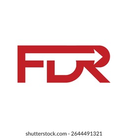 La Imagen muestra un diseño de logotipo de monograma plano de una letra inicial FDR en color rojo con flecha blanca que se ve limpio y moderno sobre un fondo blanco