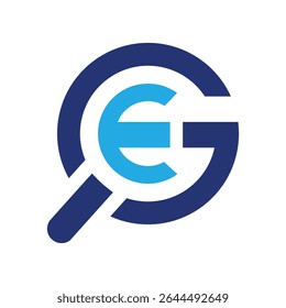 The image shows a flat monogram logo design of an initial letter EG or GE in magnifying glass shape in blue color that looks clean and modern on a white background