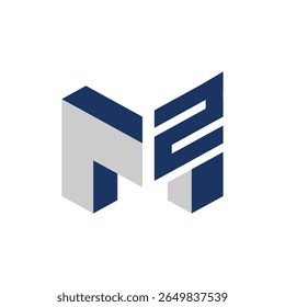 Das Bild zeigt ein flaches Monogramm-Logo-Design einer anfänglichen M2 in blauer Farbe in geometrischer Blockform, die sauber und fett auf weißem Hintergrund aussieht