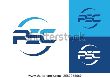 The image shows a flat monogram logo design of an initial letter PSC in blue color with accent on a circle shape that looks clean and sharp on a white background