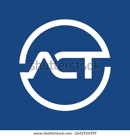 The image shows a flat monogram logo design of an initial letter ACT inside a circle shape in white color that looks clean and modern on a blue background